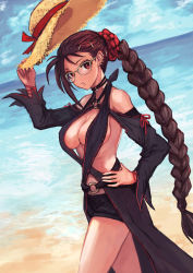 Rule 34 | 1girl, absurdres, beach, black skirt, black sleeves, bow, braid, breasts, brown eyes, brown hair, cleavage, closed mouth, cowboy shot, criss-cross halter, day, dutch angle, earrings, fate/grand order, fate (series), glasses, hair bow, hair ornament, hairclip, halterneck, hand on own hip, hat, unworn hat, unworn headwear, heroic spirit festival outfit, highres, holding, holding clothes, holding hat, jewelry, large breasts, long hair, looking at viewer, red bow, revision, sabamiso taro, skirt, solo, standing, sun hat, water, yu mei-ren (fate), yu mei-ren (festival outfit) (fate)