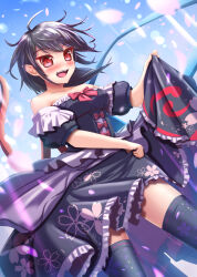 Rule 34 | 1girl, adapted costume, asymmetrical wings, black dress, black hair, black thighhighs, blue wings, blush, bow, bowtie, breasts, collarbone, commentary request, cowboy shot, dress, dutch angle, falling petals, frilled dress, frills, houjuu nue, looking at viewer, medium bangs, medium breasts, medium hair, off-shoulder dress, off shoulder, open mouth, petals, pointy ears, puffy short sleeves, puffy sleeves, red bow, red bowtie, red eyes, red wings, ribbon-trimmed thighhighs, short sleeves, smile, solo, thighhighs, tomoe (symbol), touhou, wings, yakkyokuya