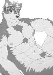 Rule 34 | 1boy, abs, absurdres, ainu clothes, animal ears, bara, chest hair, completely nude, feet out of frame, flaccid, furry, furry male, grey fur, grey hair, head tilt, headband, highres, horkeu kamui, ioenami, large pectorals, looking at viewer, male focus, male pubic hair, muscular, muscular male, navel, navel hair, nipples, nude, pectorals, penis, penis peek, pubic hair, short hair, smile, solo, stomach, thick thighs, thighs, tokyo houkago summoners, two-tone fur, white fur, wolf boy, wolf ears, yellow eyes