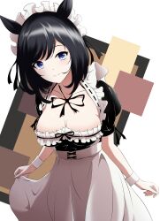 Rule 34 | 1girl, absurdres, alternate costume, animal ears, black dress, black hair, black ribbon, blue eyes, blush, breasts, cleavage, closed mouth, collarbone, commentary request, dress, eishin flash (umamusume), enmaided, highres, horse ears, kai07, looking at viewer, maid, maid headdress, medium breasts, neck ribbon, puffy short sleeves, puffy sleeves, ribbon, short sleeves, smile, solo, swept bangs, umamusume, wrist cuffs