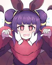 Rule 34 | 1girl, animal ears, bat ears, blush, disembodied hand, fake animal ears, fire emblem, fire emblem: the sacred stones, fire emblem heroes, fur trim, halloween costume, hands on another&#039;s face, long hair, multi-tied hair, myrrh (fire emblem), nintendo, open mouth, phiphi-au-thon, purple hair, red eyes, simple background, solo focus, twintails, twitter username, white background