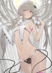 Rule 34 | 1girl, angel wings, bare shoulders, bikini, black bikini, black bow, blush, bow, breasts, cowboy shot, hair bow, hair ornament, halo, highres, long hair, looking at viewer, navel, original, panties, parted lips, purple eyes, revealing clothes, small breasts, solo, stomach, swimsuit, thighs, underwear, white bow, wings, yakihoko