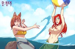 Rule 34 | 2girls, animal ears, arms up, artist name, ball, beachball, bikini, blush, breasts, brown eyes, brown hair, cloud, cloudy sky, collarbone, commentary, cowboy shot, d-rex, day, fox ears, fox tail, from side, green eyes, grey bikini, hands up, highres, holding, in water, large breasts, long hair, mermaid, monster girl, multiple girls, navel, nipples, nude, one eye closed, open mouth, original, outstretched arm, red hair, sky, smile, splashing, stomach, swimsuit, tail, yellow bikini