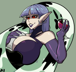 Rule 34 | alcohol, alternate form, breast smother, breasts, double (skullgirls), dress, elf, face to breasts, feather boa, formal, gerard burn, hand on head, highres, large breasts, lipstick, makeup, pointy ears, purple dress, purple lips, red eyes, skullgirls, slit pupils, smile, suit, sweat, wine