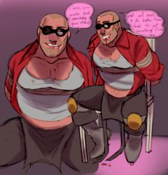 Rule 34 | 1boy, absurdres, bara, beard stubble, belly, blood, blood on face, bound, bound arms, buzz cut, character request, check character, engineer (tf2), evil smile, facial hair, goggles, highres, large pectorals, looking at viewer, male focus, midriff peek, multiple views, muscular, muscular male, mustache stubble, navel hair, on chair, open clothes, open shirt, pectoral cleavage, pectoral lift, pectorals, red engineer (tf2), short hair, sitting, sk7f2, smile, stubble, team fortress 2, underbust, very short hair