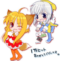 Rule 34 | 2girls, ;d, ahoge, animal ears, bare shoulders, blonde hair, blue eyes, blue footwear, blush, boots, brown eyes, brown footwear, chibi, chibi only, detached sleeves, dress, fang, finger to mouth, fox ears, fox tail, frilled dress, frills, hat, headphones, heart, letter, long sleeves, looking at viewer, mozilla firefox, mozilla thunderbird, multiple girls, one eye closed, open mouth, os-tan, personification, red dress, sidelocks, simple background, smile, tail, tears, thigh boots, thighhighs, wavy mouth, white background, white hair, wings