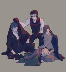 Rule 34 | 1girl, 3boys, arm guards, black eyes, black hair, black jacket, black pants, black socks, black thighhighs, black vest, blonde hair, blue hair, brown background, brown hair, brown kimono, brown shirt, chest harness, closed eyes, closed mouth, clothes blanket, collared shirt, covering with clothes, dark blue hair, dress shirt, unworn eyewear, fate/grand order, fate (series), gloves, green jacket, hair between eyes, hair over one eye, hair pulled back, haori, harness, hijikata toshizou (fate), holding, holding removed eyewear, jacket, jacket on shoulders, japanese clothes, kimono, knee up, lap pillow, looking at another, lying, multiple boys, no shoes, okita souji (fate), on one knee, on side, ooba, open collar, open mouth, pants, red gloves, saitou hajime (fate), seiza, shirt, short hair, simple background, sitting, sleeping, sleeping upright, socks, stirrup legwear, suit jacket, thighhighs, toeless legwear, vest, white shirt, yamanami keisuke (fate)
