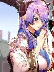 Rule 34 | 10s, 1girl, alternate costume, alternate hairstyle, bad id, bad pixiv id, blue eyes, blush, breasts, closed mouth, draph, fingers together, granblue fantasy, hair over one eye, horns, japanese clothes, kimono, large breasts, long hair, long sleeves, narmaya (granblue fantasy), nochita shin, obi, pointy ears, praying, purple hair, sash, solo, upper body, wide sleeves