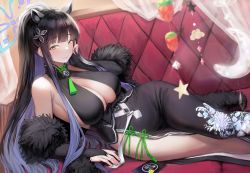 Rule 34 | 1girl, absurdres, animal ears, black dress, black hair, blue archive, breasts, cat ears, china dress, chinese clothes, cleavage, couch, decorations, dress, floral print, fur trim, hair ornament, highres, large breasts, long hair, looking at viewer, lying, mochirong, off shoulder, on side, shun (blue archive)