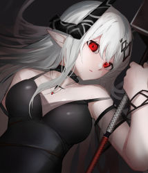Rule 34 | 1girl, absurdres, ao oni (onioni-aoi), arknights, black collar, black dress, breasts, collar, demon horns, dress, dutch angle, grey hair, hair between eyes, hair ornament, head tilt, highres, holding, horns, jewelry, long hair, looking at viewer, medium breasts, mudrock (arknights), mudrock (obsidian) (arknights), necklace, official alternate costume, pointy ears, red eyes, sidelocks, solo, strap slip, upper body
