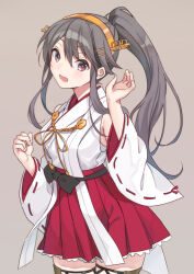 Rule 34 | 1girl, alternate hairstyle, bare shoulders, black hair, blush, brown background, brown eyes, cowboy shot, detached sleeves, hair between eyes, hairband, haruna (kancolle), haruna kai ni (kancolle), headgear, japanese clothes, kantai collection, long hair, mitsuyo (mituyo324), nontraditional miko, open mouth, pleated skirt, ponytail, red skirt, ribbon-trimmed sleeves, ribbon trim, simple background, skirt, smile, solo, white sleeves, wide sleeves