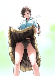 Rule 34 | 10s, 1girl, artist name, black panties, brown eyes, brown hair, clothes lift, collared shirt, crotch seam, dated, from below, grin, highres, idolmaster, idolmaster cinderella girls, legs, lifting own clothes, long hair, long skirt, looking at viewer, looking down, low twintails, nitta minami, panties, panties under pantyhose, pantyhose, see-through, see-through legwear, shirt, short sleeves, skirt, skirt lift, smile, solo, tachibana roku, twintails, underwear