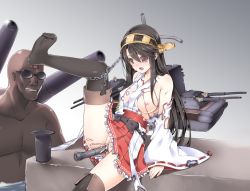 Rule 34 | 10s, 1boy, 1girl, american flag, bad id, bad pixiv id, bald, black hair, blood, breasts, brown eyes, cum, dark-skinned male, dark skin, defloration, feet, grin, haruna (kancolle), headband, japanese clothes, kantai collection, long hair, nipples, object insertion, open mouth, personification, pussy, smile, sunglasses, tama (tamatamo), tears, toe scrunch, torn clothes, torpedo, uncensored