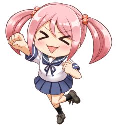 Rule 34 | &gt; &lt;, 10s, 1girl, :d, > <, chibi, closed eyes, hair bobbles, hair ornament, kantai collection, kneehighs, long hair, looking at viewer, nichika (nitikapo), open mouth, pink hair, pleated skirt, raised fist, sazanami (kancolle), school uniform, serafuku, shoes, simple background, skirt, smile, socks, solo, twintails, white background, xd