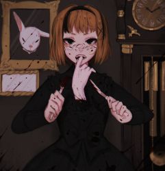 Rule 34 | 1girl, arms up, bad id, black dress, black eyes, black hair, blood, brown hair, chariko, clock, commentary request, drawing (object), dress, fangs, finger in own mouth, grandfather clock, guro, hair ornament, highres, long sleeves, looking at viewer, open mouth, original, short hair, solo, x hair ornament