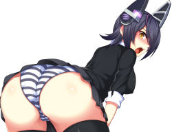 Rule 34 | 10s, 1girl, ass, bent over, blush, breasts, cameltoe, embarrassed, from behind, hair over one eye, headgear, horosuke, kantai collection, open mouth, panties, pantyshot, personification, purple hair, short hair, simple background, skirt, solo, striped clothes, striped panties, tenryuu (kancolle), thighhighs, underwear, upskirt, white background, yellow eyes