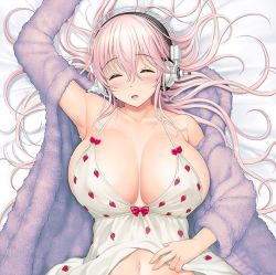 Rule 34 | 1girl, armpits, bow, breasts, cleavage, clothes lift, closed eyes, food print, headphones, large breasts, long hair, lying, nitroplus, on back, open clothes, pink hair, purple sweater, red bow, smile, solo, strawberry print, super sonico, sweater, sweater lift, tsuji santa