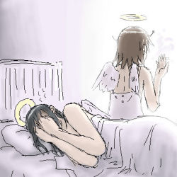 Rule 34 | 2girls, aftersex, bed, black hair, brown hair, cigarette, covering privates, covering face, haibane renmei, halo, hands on own face, lowres, multiple girls, non-web source, oekaki, parody, rakka (haibane), reki (haibane), role reversal, ruined for marriage, short hair, smoking, tears, wings, yuri