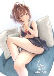 Rule 34 | 1girl, alternate costume, bikini, bikini skirt, blue bikini, blue eyes, breasts, brown hair, hand on own chin, highres, kantai collection, ld (luna dial398), long hair, messy hair, pillow, sheffield (kancolle), sitting, small breasts, solo, swimsuit, white background