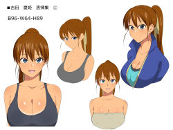 Rule 34 | 1girl, breasts, brown hair, character sheet, cleavage, commentary request, covered erect nipples, fang, hair ribbon, high ponytail, highres, kagemusha, large breasts, looking at viewer, measurements, multiple views, original, ribbon, school uniform, smile, tan, tanline, translation request