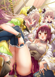 Rule 34 | 3girls, :d, :o, alt (ctrldel), arm around leg, ass, atelier (series), atelier lydie &amp; suelle, atelier sophie, blush, book, boots, breasts, brown hair, cleavage, commentary request, dress, embarrassed, facing viewer, girl on top, green dress, hair between eyes, hairband, happy, head scarf, highres, holding, holding book, indoors, kneeling, knees up, leaning forward, leaning on person, legs, legs up, lolita hairband, long hair, long sleeves, looking at another, lydie marlen, medium breasts, miniskirt, multiple girls, nervous, nervous smile, open mouth, red eyes, red hair, red skirt, short sleeves, skirt, smile, sophie neuenmuller, striped clothes, striped thighhighs, suelle marlen, thighhighs, thighs, upskirt, vertical-striped clothes, vertical-striped thighhighs, very long hair, white dress, wide sleeves