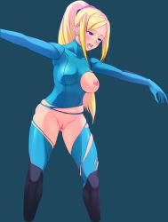 Rule 34 | 1girl, blush, breasts, censored, long hair, metroid, nipples, ponytail, pussy, samus aran, skin tight, solo, torn clothes, zero suit