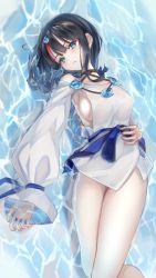 Rule 34 | 1girl, absurdres, bare legs, bare shoulders, black hair, blue eyes, blue ribbon, blue sash, breasts, closed mouth, dress, fate/grand order, fate/requiem, fate (series), hand on own stomach, highres, large breasts, long sleeves, looking at viewer, lying, magatama, magatama hair ornament, medium hair, multicolored hair, on back, panties, red hair, ribbon, sash, seigaiha, short dress, side-tie panties, sideboob, sideless outfit, solo, streaked hair, thighs, underwear, utsumi erice, wata0933, water, wet, white dress