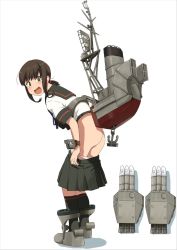 Rule 34 | 10s, 1girl, @ @, anchor, anchor symbol, ass, bad id, bad twitter id, black legwear, blush, boots, brown hair, clothes pull, commentary request, from behind, fubuki (kancolle), fubuki kai ni (kancolle), full body, green eyes, highres, kantai collection, kozou (rifa), looking back, looking to the side, low ponytail, machinery, open mouth, panties, panty pull, pleated skirt, ponytail, pulled by self, removing panties, sailor collar, school uniform, serafuku, short ponytail, short sleeves, simple background, skirt, skirt pull, smokestack, solo, standing, tears, tongue, underwear, undressing, white background, white panties