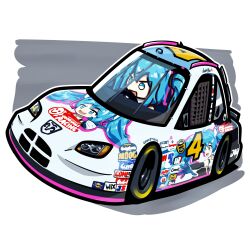 Rule 34 | 1girl, absurdres, blue eyes, blue gloves, blue hair, car, chibi, commentary, dodge (company), dodge charger, driving, duz, elbow gloves, english commentary, gloves, goodsmile racing, goodyear, hatsune miku, highres, itasha, long hair, motor vehicle, nascar, open mouth, race vehicle, racecar, racing miku, racing miku (2021), solo, v-shaped eyebrows, vehicle focus, vocaloid, white background