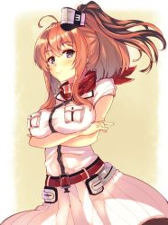 Rule 34 | 10s, 1girl, anchor, belt, breast pocket, breast rest, breasts, brown hair, crossed arms, dress, grey eyes, hair between eyes, highres, kantai collection, large breasts, looking at viewer, mizuyoukan (mikususannda), neckerchief, pocket, ponytail, red neckerchief, saratoga (kancolle), side ponytail, sidelocks, smile, solo, standing, upper body, white dress