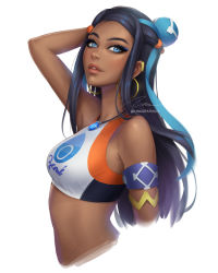 Rule 34 | 1girl, arm behind back, arm strap, arm up, armlet, artist name, bad id, bad pixiv id, bare shoulders, black legwear, blue eyes, blue hair, breasts, creatures (company), crop top, cropped torso, dark-skinned female, dark skin, earclip, earrings, eyeshadow, forehead, from side, game freak, gym leader, hoop earrings, jewelry, lips, long hair, looking at viewer, looking to the side, makeup, medium breasts, multicolored hair, necklace, nessa (pokemon), nintendo, nose, parted lips, pokemon, pokemon swsh, signature, simple background, solo, two-tone hair, umigraphics, upper body, white background