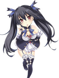 Rule 34 | 10s, 1girl, bare shoulders, black hair, breasts, cleavage, female focus, garter straps, hair ornament, jewelry, long hair, looking up, mikan no shiru, neptune (series), noire (neptunia), red eyes, simple background, solo, thighhighs, twintails, white background