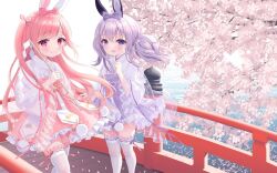 Rule 34 | 2girls, :d, animal ears, bow, branch, bridge, bunny day, chitosezaka suzu, closed mouth, commentary request, feet out of frame, flower, frilled skirt, frilled sleeves, frilled thighhighs, frills, hair between eyes, hair bow, highres, japanese clothes, kimono, long sleeves, multiple girls, open mouth, original, petals, pink flower, pink hair, pink skirt, purple bow, purple eyes, purple hair, purple skirt, rabbit ears, red bow, red eyes, ribbon-trimmed legwear, ribbon trim, see-through, skirt, smile, thighhighs, twintails, two side up, water, white kimono, white thighhighs, wide sleeves