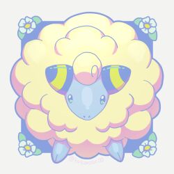 Rule 34 | animal focus, border, commentary request, creatures (company), flower, full body, game freak, gen 2 pokemon, green eyes, looking at viewer, mareep, nintendo, no humans, pokemon, pokemon (creature), s (happycolor 329), sheep, solo, twitter username, watermark, white border, white flower