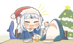 Rule 34 | 1girl, :d, blue hair, blunt bangs, blush stickers, cake, chibi, christmas tree, closed eyes, commentary, cup, dated commentary, drinking glass, fins, fish tail, food, fork, fur-trimmed headwear, fur trim, gawr gura, hair ornament, hat, highres, holding, holding fork, hololive, hololive english, long hair, long sleeves, multicolored hair, open mouth, plate, pom pom (clothes), same anko, santa hat, shark tail, sharp teeth, simple background, smile, solo, streaked hair, stuffed animal, stuffed shark, stuffed toy, tail, teeth, two-tone hair, two side up, virtual youtuber, white background, white hair, wide sleeves