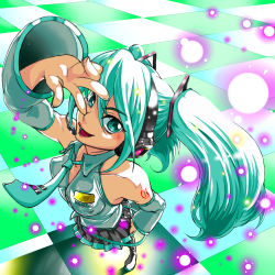 Rule 34 | 1girl, absurdres, aqua eyes, aqua hair, breasts, detached sleeves, female focus, from above, full body, hatsune miku, headphones, headset, highres, long hair, necktie, oberon, skirt, smile, solo, thighhighs, twintails, v, very long hair, vocaloid
