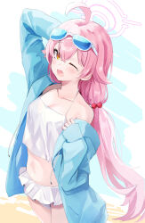 Rule 34 | 1girl, absurdres, ahoge, arm behind head, arm up, bikini, blue archive, blue jacket, breasts, cleavage, drawstring, fang, frilled bikini, frills, hair bobbles, hair flaps, hair ornament, hair tie, halo, halterneck, hand up, highres, hood, hooded jacket, hoshino (blue archive), jacket, long hair, looking at viewer, looking to the side, low ponytail, navel, off shoulder, one eye closed, open clothes, open jacket, open mouth, pink hair, ponytail, skin fang, sleeves past wrists, small breasts, solo, sunglasses, swimsuit, tearing up, thighs, u22yume, very long hair, white swimsuit, yawning, yellow eyes