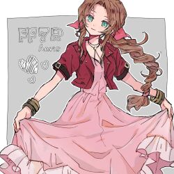 Rule 34 | 1girl, bracelet, brown hair, character name, clothes grab, commentary request, copyright name, cropped jacket, curtsey, dress, final fantasy, final fantasy vii, final fantasy vii remake, frilled dress, frills, green eyes, grey background, hair ribbon, head tilt, heart, jacket, jewelry, long hair, necklace, nocoyaki, open clothes, open jacket, pink dress, pink ribbon, ponytail, red jacket, ribbon, short sleeves, sidelocks, smile, solo, upper body, wavy hair