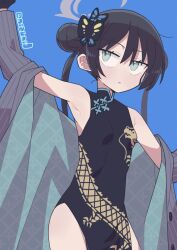Rule 34 | 1girl, arm up, armpits, black dress, black gloves, black hair, blue archive, blue background, breasts, butterfly hair ornament, china dress, chinese clothes, commentary request, double bun, dragon print, dress, gloves, grey eyes, grey jacket, hair bun, hair ornament, halo, jacket, kisaki (blue archive), long hair, mizumi (artist), print dress, simple background, small breasts, solo, striped clothes, striped jacket, thighs, twintails, vertical-striped clothes, vertical-striped jacket