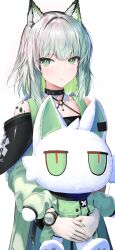 Rule 34 | 1girl, absurdres, animal ears, arknights, cat ears, cat girl, character doll, closed mouth, colored inner hair, commentary request, cowboy shot, doll, dress, expressionless, green dress, green eyes, green hair, green nails, grey hair, highres, holding, holding doll, kal&#039;tsit (arknights), long sleeves, material growth, medium hair, multicolored hair, oripathy lesion (arknights), pi (p77777778), simple background, solo, watch, white background, wristwatch