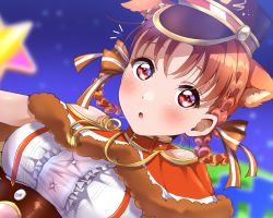 Rule 34 | 1girl, :o, animal ears, artist name, artist request, blush, bow, breasts, collar, dress, female focus, frilled dress, frills, fur-trimmed skirt, fur-trimmed sleeves, fur trim, gloves, hair bow, highres, looking at viewer, love live!, love live! school idol festival, love live! sunshine!!, medium breasts, night, night sky, orange bow, orange hair, outdoors, panda copt, parted lips, pink bow, red collar, red eyes, short hair, shoulder pads, skirt, sky, smile, solo, star (sky), takami chika, twintails