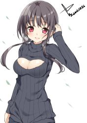 Rule 34 | 1girl, black hair, breasts, cleavage, female focus, large breasts, long sleeves, meme attire, open-chest sweater, open mouth, original, red eyes, ribbed sweater, smile, solo, sweater, turtleneck, yappen, yatsu (sasuraino)