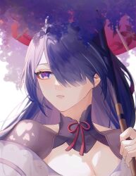 Rule 34 | 1girl, acheron (honkai: star rail), alternate costume, breasts, cleavage, cosplay, genshin impact, hair over one eye, hand up, highres, holding, holding umbrella, honkai: star rail, honkai (series), japanese clothes, kimono, long hair, looking to the side, parted lips, purple hair, raiden shogun, raiden shogun (cosplay), red ribbon, red umbrella, ribbon, solo, trat9m5zn031018, umbrella, voice actor connection