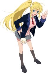Rule 34 | 1girl, :d, bag, black socks, blazer, blonde hair, blue eyes, cardigan, commentary, english commentary, full body, hair ornament, hand on own hip, hand up, handbag, highres, jacket, kneehighs, leaning forward, lilith aileron, lips, loafers, long hair, looking at viewer, necktie, official art, open mouth, pleated skirt, red necktie, school uniform, scrunchie, shoes, side ponytail, simple background, skirt, smile, socks, solo, tales of (series), tales of asteria, tales of destiny, transparent background, very long hair, waving