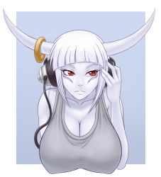 Rule 34 | 1girl, android, avenger (android), blue skin, breasts, castle of shadows, cesium, cleavage, colored skin, death (castlevania), facial mark, gender request, genderswap, headphones, large breasts, monster girl, pale skin, red eyes, shirt, simple background, sisyphus (castle of shadows), solo