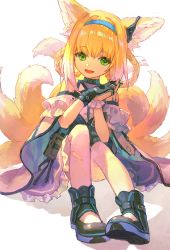 Rule 34 | 1girl, :d, animal ears, arknights, bare shoulders, black footwear, black gloves, blonde hair, blouse, blue hairband, boots, braid, commentary request, dogdogbhh, fox ears, fox girl, fox tail, frilled skirt, frills, gloves, green eyes, hair between eyes, hair rings, hairband, highres, infection monitor (arknights), interlocked fingers, kitsune, kyuubi, multicolored hair, multiple tails, open mouth, own hands together, pantyhose, purple skirt, shirt, single glove, sitting, skirt, smile, solo, suzuran (arknights), tail, torn clothes, torn pantyhose, twin braids, two-tone hair, white background, white hair, white pantyhose, white shirt