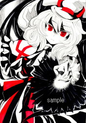 Rule 34 | 1girl, 9-6, bat wings, curiosities of lotus asia, expressionless, fingernails, frills, hat, magic, partially colored, red eyes, remilia scarlet, sample watermark, shaded face, sharp fingernails, solo, touhou, watermark, wings