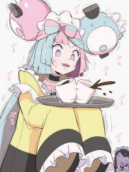Rule 34 | 2girls, absurdres, adapted costume, blank stare, blue hair, bow-shaped hair, brown hair, character hair ornament, collar, collarbone, commentary request, creatures (company), cup, eyelashes, frills, game freak, hair ornament, headdress, highres, holding, holding tray, iono (pokemon), jacket, juliana (pokemon), kurachi mizuki, lips, long hair, looking down, maid, maid headdress, multicolored hair, multiple girls, neck garter, nintendo, no pupils, open mouth, pink eyes, pink hair, pokemon, pokemon sv, sharp teeth, sleeves past fingers, sleeves past wrists, struggling, sweat, teeth, tray, two-tone hair, upper teeth only, very long sleeves, white background, yellow jacket