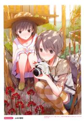 Rule 34 | 2girls, absurdres, brown eyes, brown hair, camera, dress, flower, fuyuno haruaki, hat, highres, multiple girls, non-web source, original, shorts, sleeveless, spider lily, squatting, straw hat, striped clothes, striped legwear, striped thighhighs, sun hat, thighhighs, tree shade