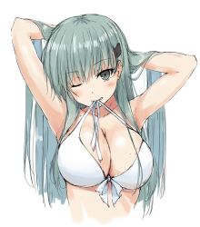 Rule 34 | 10s, 1girl, aqua eyes, aqua hair, armpits, arms up, bikini, breasts, collarbone, front-tie bikini top, front-tie top, hair lift, hair ornament, hairclip, hands in hair, kantai collection, large breasts, long hair, looking at viewer, mouth hold, one eye closed, simple background, sketch, solo, suien, suzuya (kancolle), swimsuit, upper body, white background, white bikini